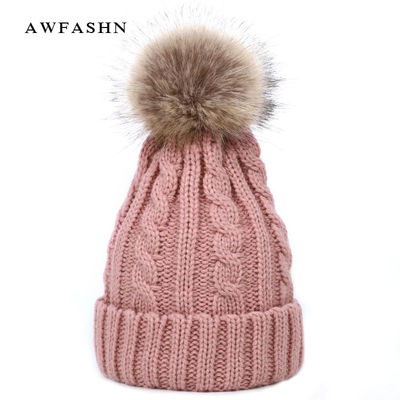 

Hot new adult solid color winter hat Ladies winter pompom knit beanie warm women Soft cap female beanies slouchy cotton bonnet