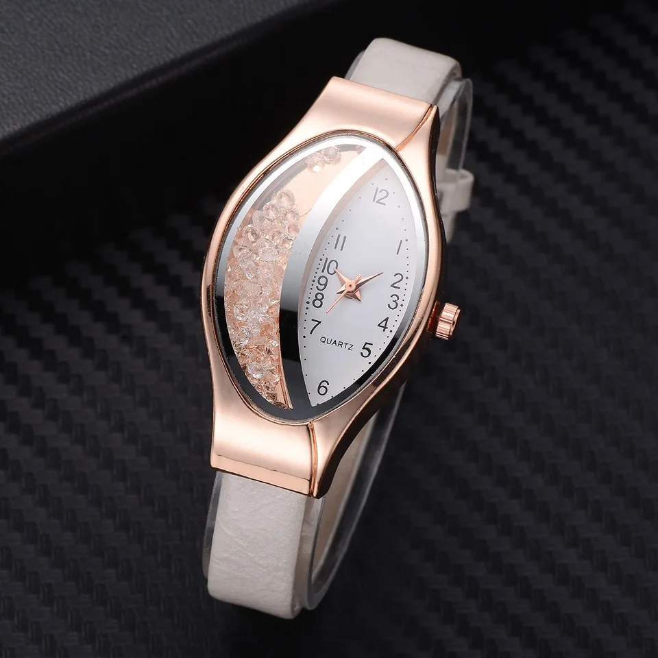 Women Fashion Luxury Watch Leather Strap Women Bracelet Clock Ellipse Rhinestone PU Sport Quartz Watch Wrist Watches For Women