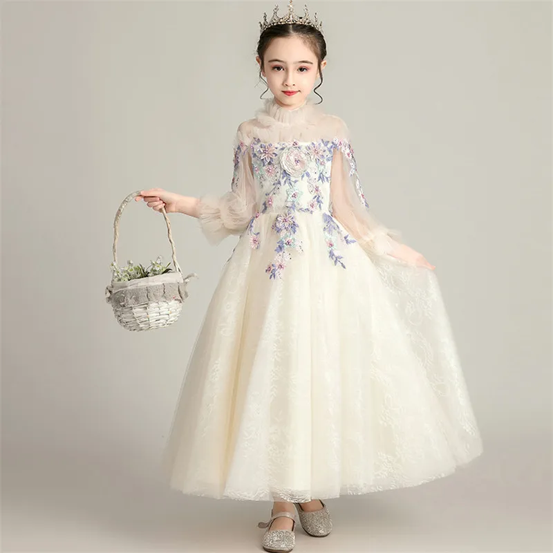 beige long dress Новинка года; элегантное детское кружевное платье принцессы с длинными рукавами и вышитыми цветами для дня рождения, свадьбы, вечеринки; сезон осень-зима - Цвет: beige long dress