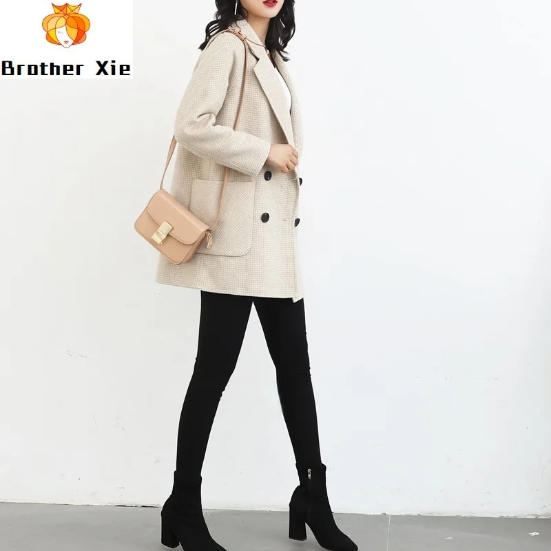 

Spring 2020 New Double-sided Cashmere Overcoat Women's Short Suit Collar Small Thousand Checker Slim Wool Overcoat
