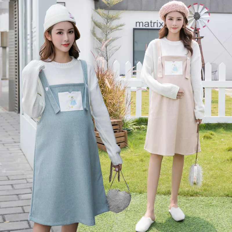 

2019 New Style Women's Fashion Mom Pregnancy Loose Tops Dress Woolen Jumper Dress A- line Skirt Two-Piece Set