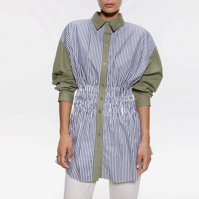 

New Autumn Casual Long Blouse Sleeves Turn Down Collar Waist Striped Blouses Patchwork Plus Size Slim Women Shirt Tops XB9281