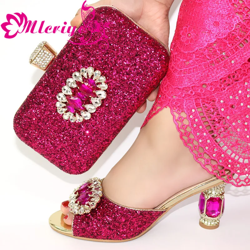 

fuchsia pink Matching Shoe and Bag Set Decorated with Rhinestone African Shoe and Bag Set for Party In Women Italian Ladies Shoe