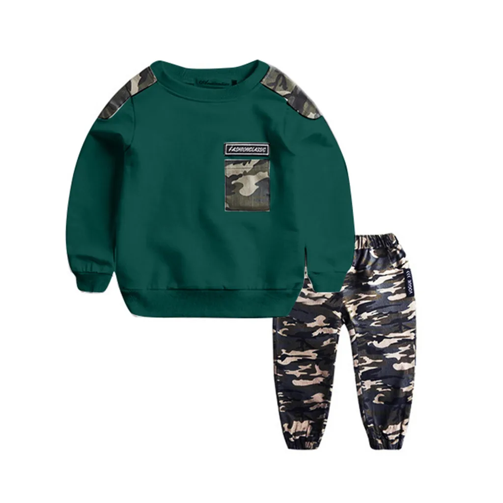 Спортивный костюм с надписью для маленьких мальчиков-подростков камуфляжные топы и штаны комплект одежды для малышей из 2 предметов одежда с длинными рукавами - Цвет: Green