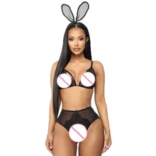 3 piezas mujeres Sexy encaje sujetador Bola de Pelo Tanga con diadema Lencería lindo regalo para los amantes ropa interior S-3XL ropa interior atractiva diseñada(China)