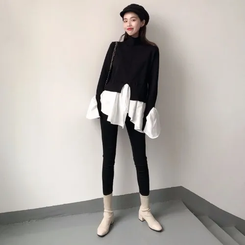 Черный Blusas mujer de moda рубашка с длинными рукавами Женская Лоскутная Повседневная стильная футболка с круглым вырезом Женская одежда осенние женские топы новинка - Цвет: Черный