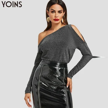 

YOINS Blouse Stylish Asymmetrical Metallic Shimmer Cutout Cold Shoulder 2020 Vintage Women Long Sleeve Shirt Casual Tops Party