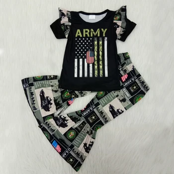 

summer boutique girl outfit U.S. ARMY print Tops Shirt Bell Bottoms Pants Outfit kid girl clothing set girls summer outfit set