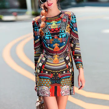 

2020 Spring and Summer New Fashion Pattern Printing Long Sleeve Slim Ankle-Length O Neck Dress Women