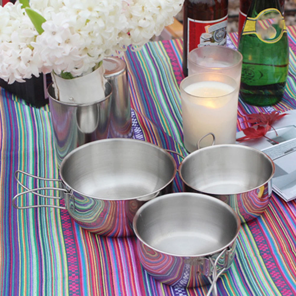 

4Pcs Kitchen Utensil Outdoor Stainless Steel Bowl Durable Folding Handle Space-saving Picnic Hiking Camping Portable Easy Clean