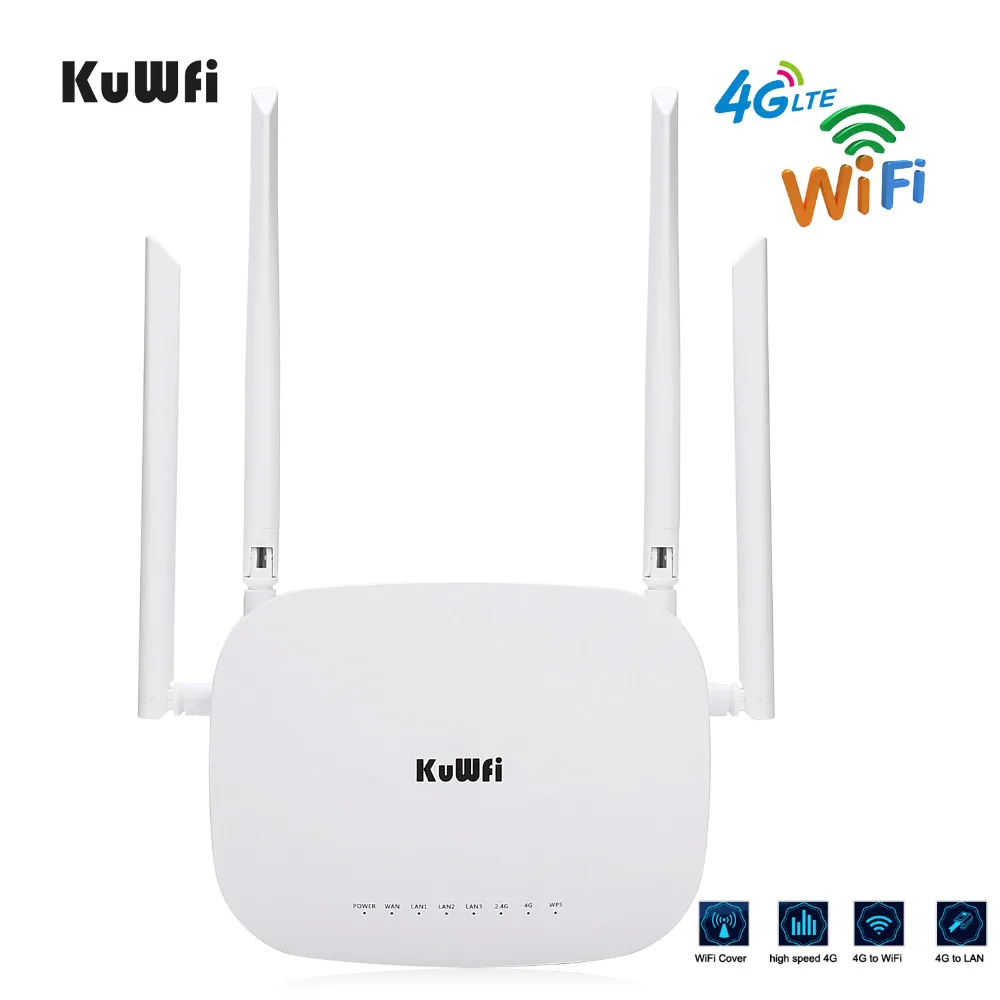 KuWFi 4G LTE Wifi Router 300 Мбит / с 3G / 4G Беспроводной CPE-маршрутизатор с поддержкой слотов для SIM-карт 4G в LAN с 4шт антеннами до 32 пользователей