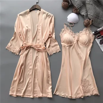 

Women Robe Gown Sets Ladies Sexy Lace Lounge Sets Pijama Long Sleeve Silk Nightwear Bathrobe Nightdress Two-Pieces Sleepwear