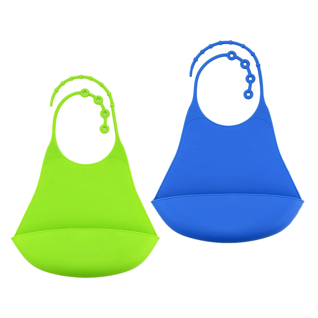2x Silicone Adult Bib Reusable Clothing Eating Mealtime Protector Green+Blue