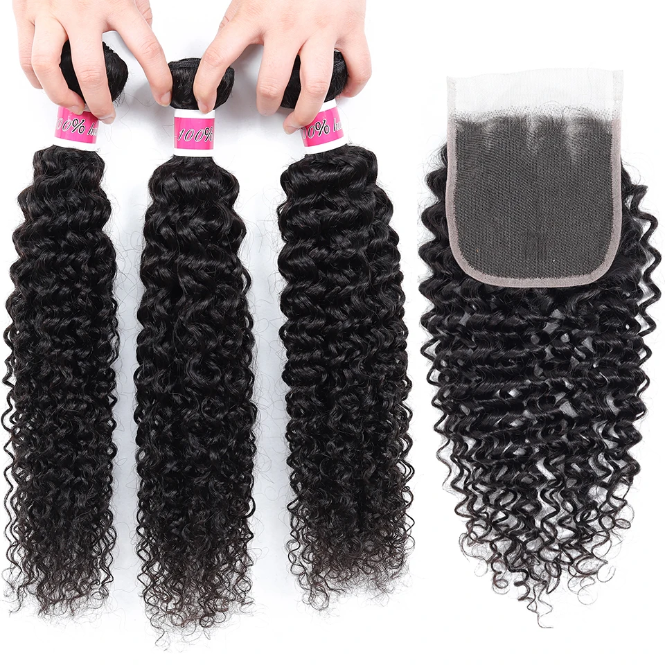 Mechones rizados Afro con cierre, paquete de 3 mechones de cabello humano no Remy, extensiones de pelo ondulado mechones brasileños con cierre de encaje