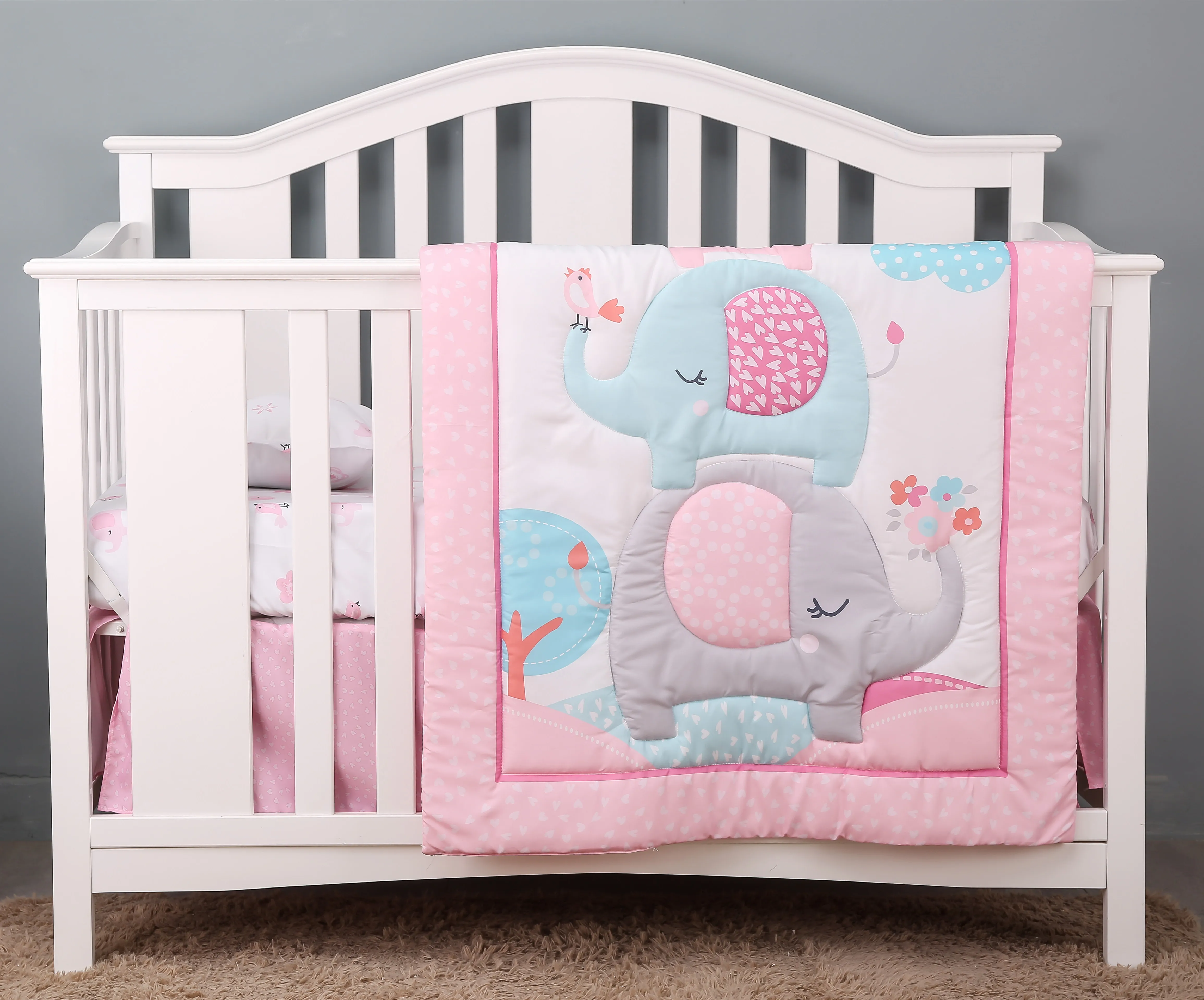 

3 pcs Baby Crib Bedding Set for Girls flower elephant hot sale including quilt, crib sheet, crib skirt