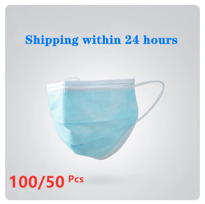 

100/50Pcs Non Woven Disposable Face Respirator Mask 3 Layer Earloop Activated Carbon Anti-Dust proof Mouth Mask Blue