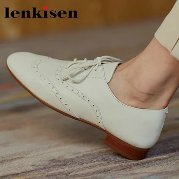 

Lenkisen full grain leather round toe low heel lace up high quality brand shoes preppy style young lady casual women pumps L03