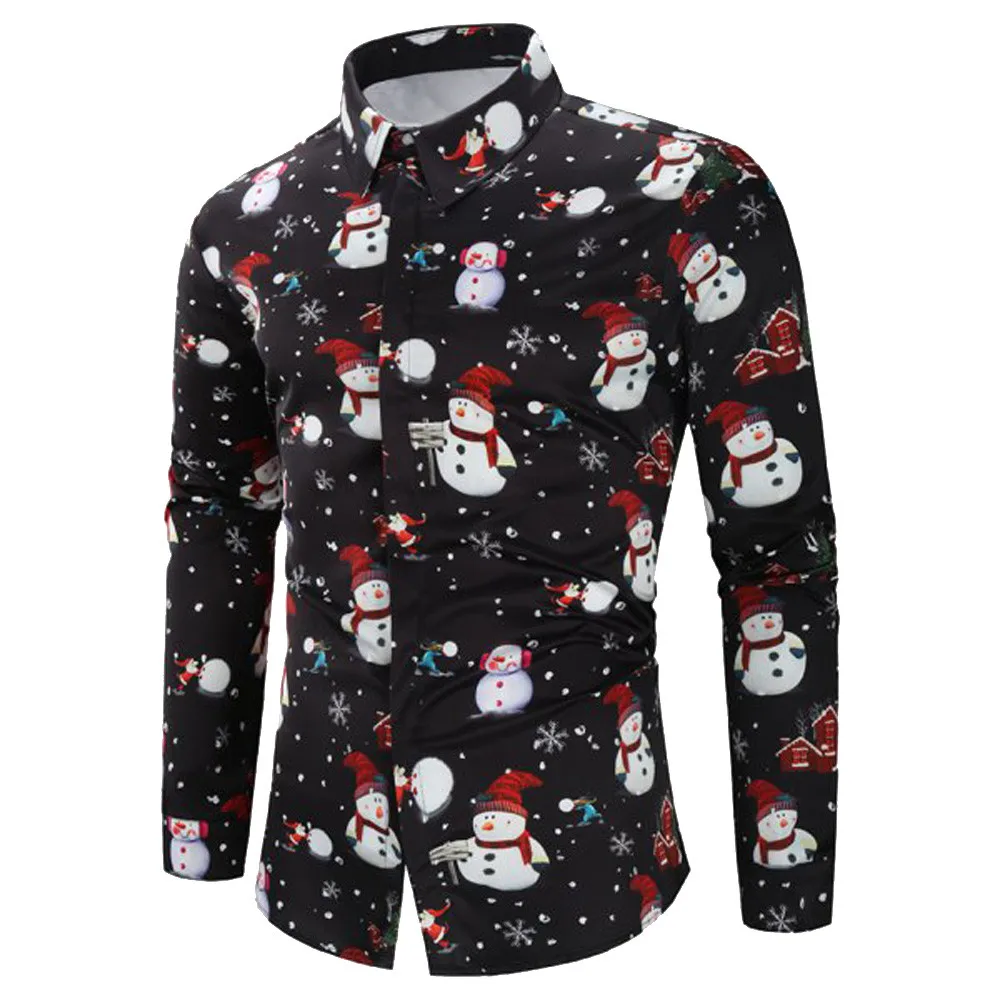 Camisas Masculina с принтом снеговика, мужская повседневная Рождественская рубашка на пуговицах, топ, блуза с длинным рукавом, облегающая уличная одежда