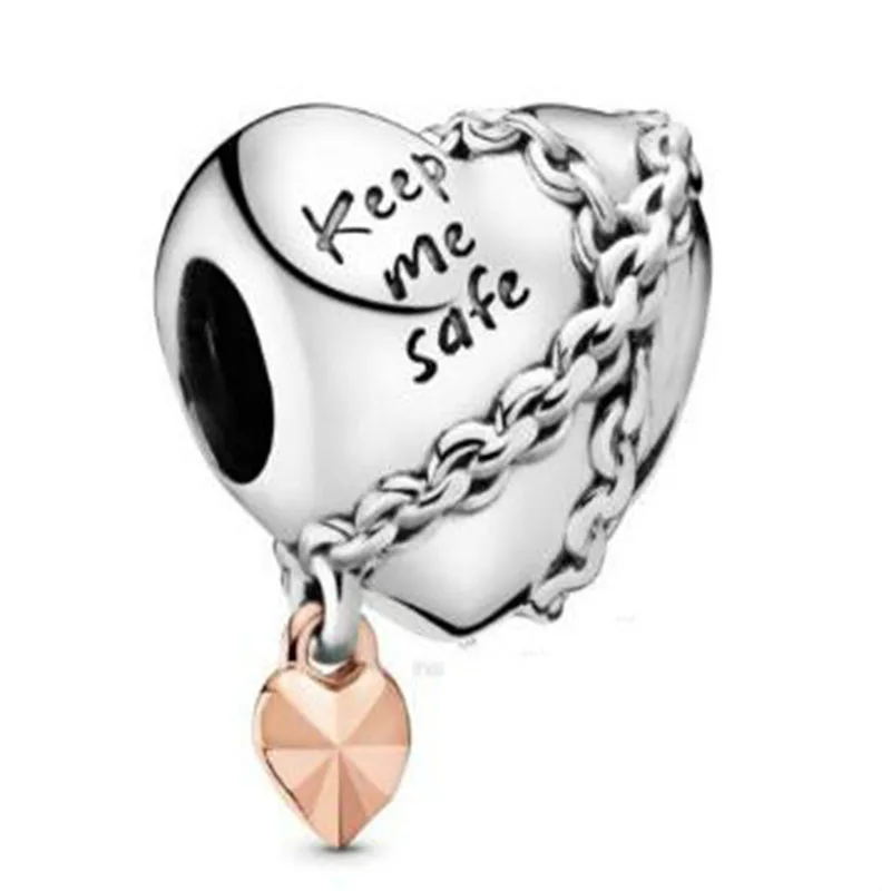 

100% 925 Sterling Silver Bead Rose Gold Chain Heart-shaped Beads Fit Pandora Women Bracelet & Necklace Diy Jewelry
