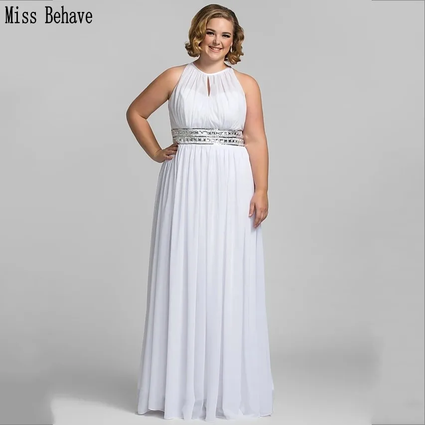 

DD JYOY Elegant Halter Neck White Chiffon Prom Dress Long Beads Crystal Belt Plus Size Evening Dress 2020 Sleeveless Zipper
