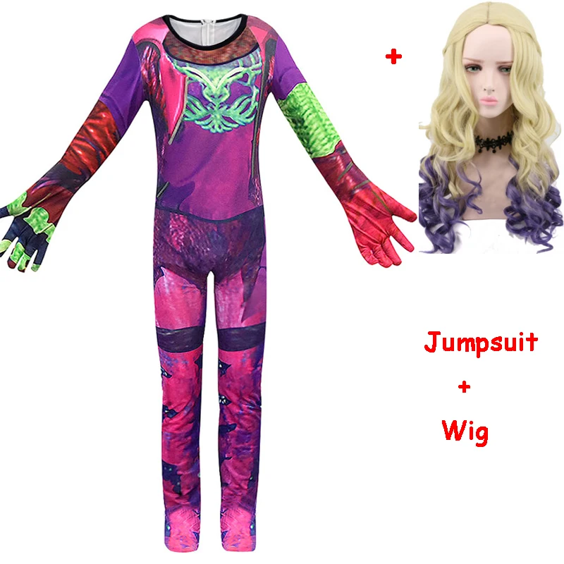 857 Wig gray Костюм на Хэллоуин для детей Evie Anilnc потомки 3 костюм для девочки для маскарада с париком+ перчатки Детский карнавальный праздничный комбинезон - Цвет: 857 Wig gray