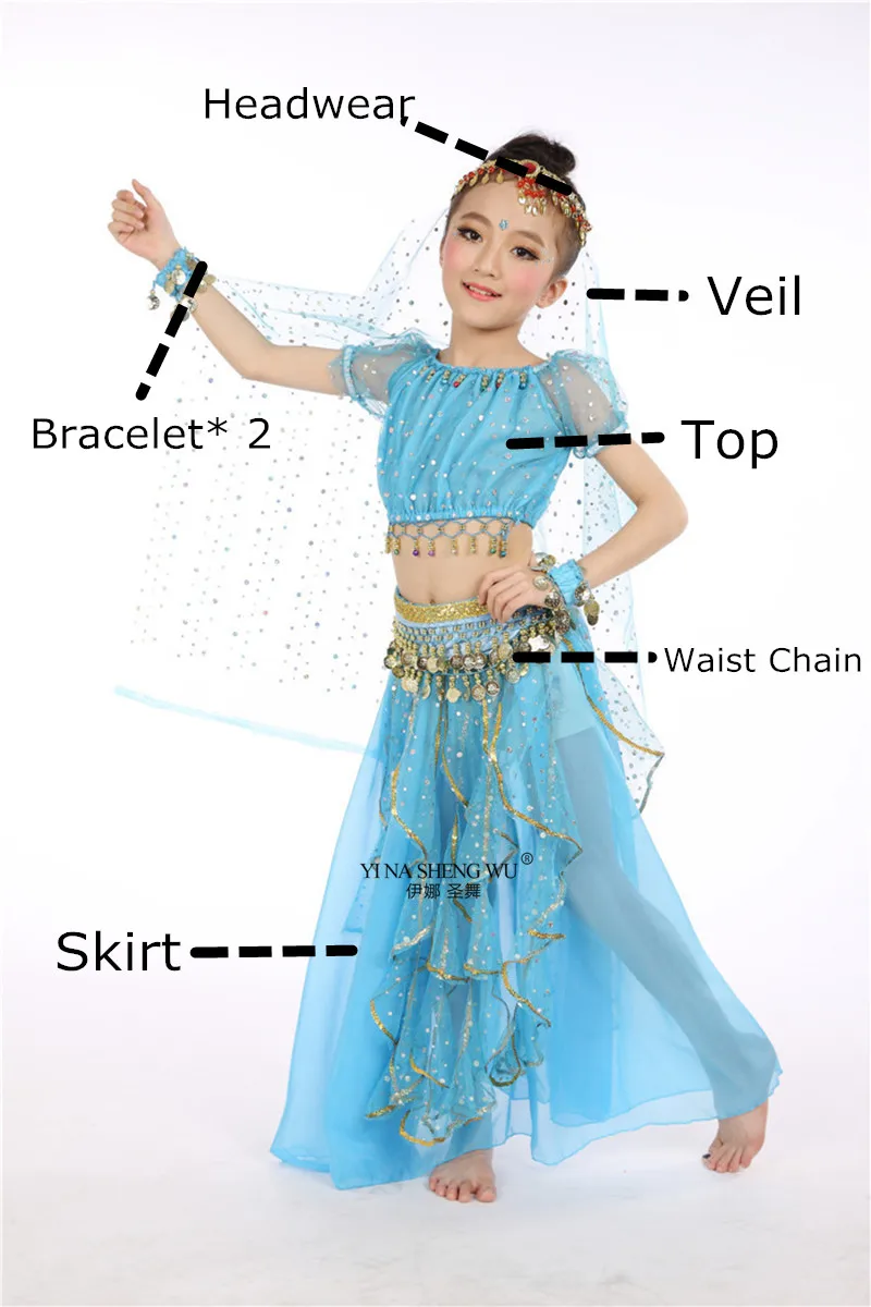 Turquoise 6pcs Стиль, Детский костюм для танца живота, костюмы для восточных танцев для девочек, одежда для танца живота, костюмы для индийских танцев, набор для детей - Цвет: Turquoise 6pcs