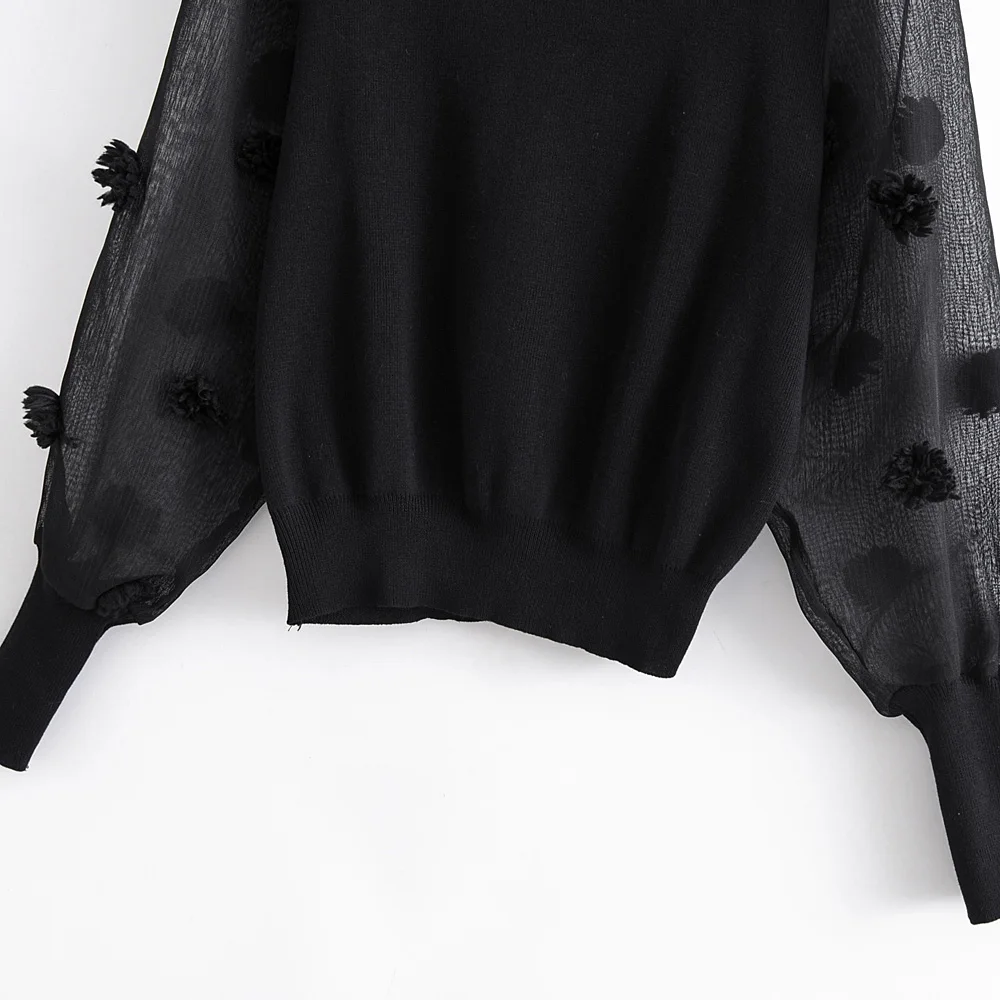 NSZ женский черный свитер прозрачный рукав трикотаж Модный укороченный вязаный женский обтягивающий пуловер Джемпер