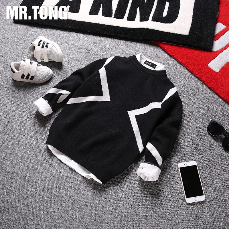 

Spring And Autumn BOY'S Large Childrenswear-Sweater Child Sweater Black And White with Pattern Versatile Casual Shirt Korean-sty