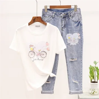 

Summer new Women Two Piece Suit fashion Beaded bicycle print Short-sleeve T-shirt + vintage Holes Nine points Jeans Set D3582