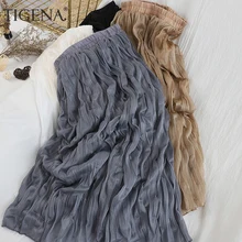 Женская складка юбка на бархатная подкладке TIGENA, длинная плиссированная юбка свысокой талией для женщин на весну