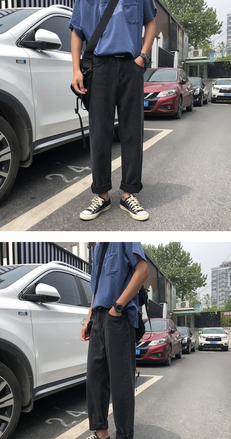 Летние тонкие мужские брюки в Корейском стиле, трендовые прямые джинсы для мужчин, свободные широкие брюки, Брендовые повседневные штаны