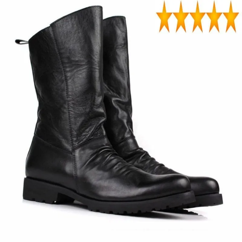 

Riding Men 2021 Boots Winter Mid-Calf Military Botas Blue Black Genuine Leather Knight Shoes Male Fashion Safety Footwear