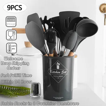

9PCS/Set Silicone Kitchen Cooking Tools Utensils Set Non-stick Wooden Handle Shovels Cooking Tools Set with Storage Box