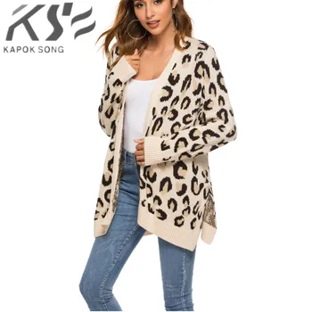 

Leopard-print cardigan medium-length sweater women's open-fork knitted jacket new European and American women's wear in autumn a