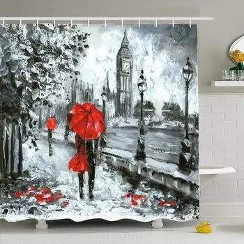 

Shower Curtain Set with Hooks 60x72 Red Oil Painting Famous Street View Stylish British London Artwork Tourism European Hand