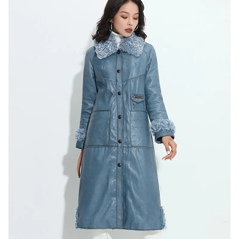 Gray-blue Женское пальто из натурального меха, зимняя женская одежда, куртка из натуральной кожи, Воротник из меха лисы, овчина, натуральная двусторонняя, ZT4075 - Цвет: Gray-blue