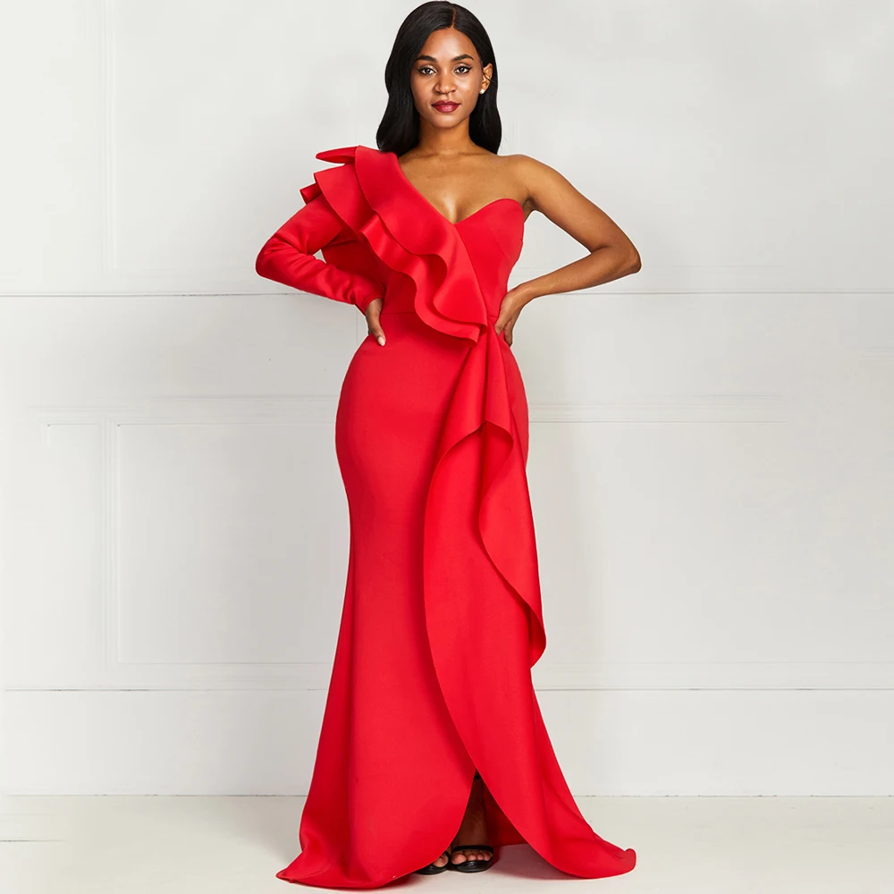 

African Style Elegant Party Sexy Vintage Women Long Dresses Big Size One Shoulder Strapless Split Ruffles Female Maxi Red Dress