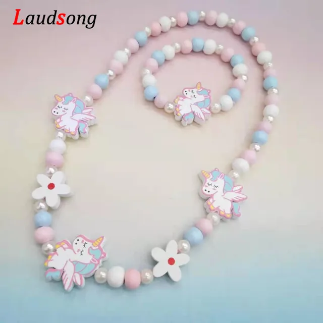 Cartoon Colorful Wooden Unicorn Flower Animal Child Sweater Necklace Bracelet Girl's Gifts Children's Jewelry Kids Toys 2pc 1