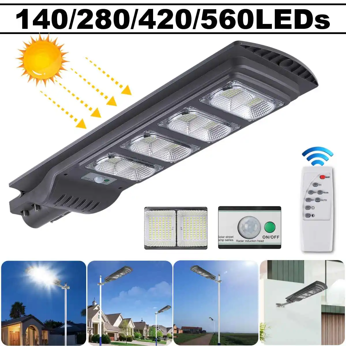 300W LED Solar Street Wall Light PIR Motion Sensor Outdoor Lamp+Control Remote