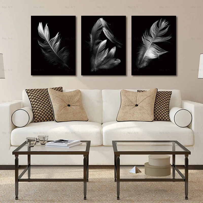 

Gray Blue Gold Red Feather Canvas Painting Nordic 3 Piece Posters and Prints Black Bottom Pictures Living Room Home Decor