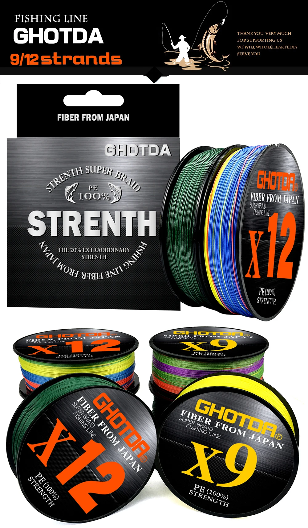 GHOTDA X12 X9 500M / 546YDS Braided Fishing Lines 12/9 Weaves 20