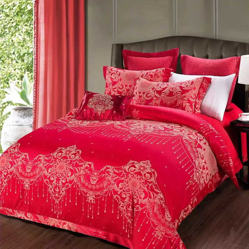 Dohia/атласная Праздничная жаккардовая ткань высокого качества и высокой плотности ярко-красный свадебный комплект из шести предметов