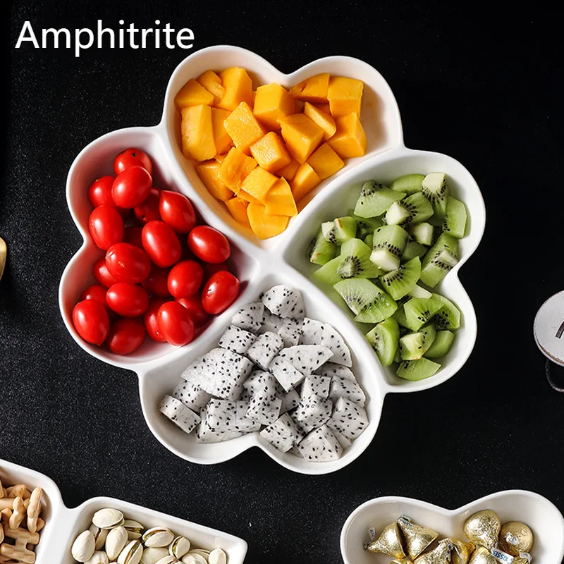 

Simple White Ceramics Divided Grill Fruit Plate Four Grill Snack Dried Fruit Plate From The Household Fruit Plate Plate Plate