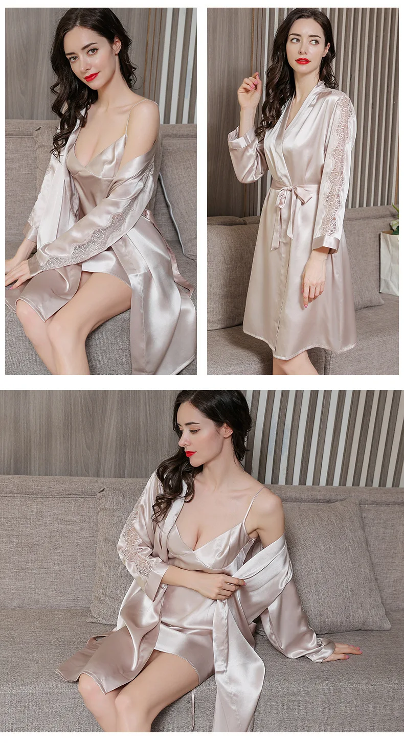 Women's Silk Luxury Nightgown 2PC Sleepwear Set,Embroidered Lace- Sleepwear Gift
