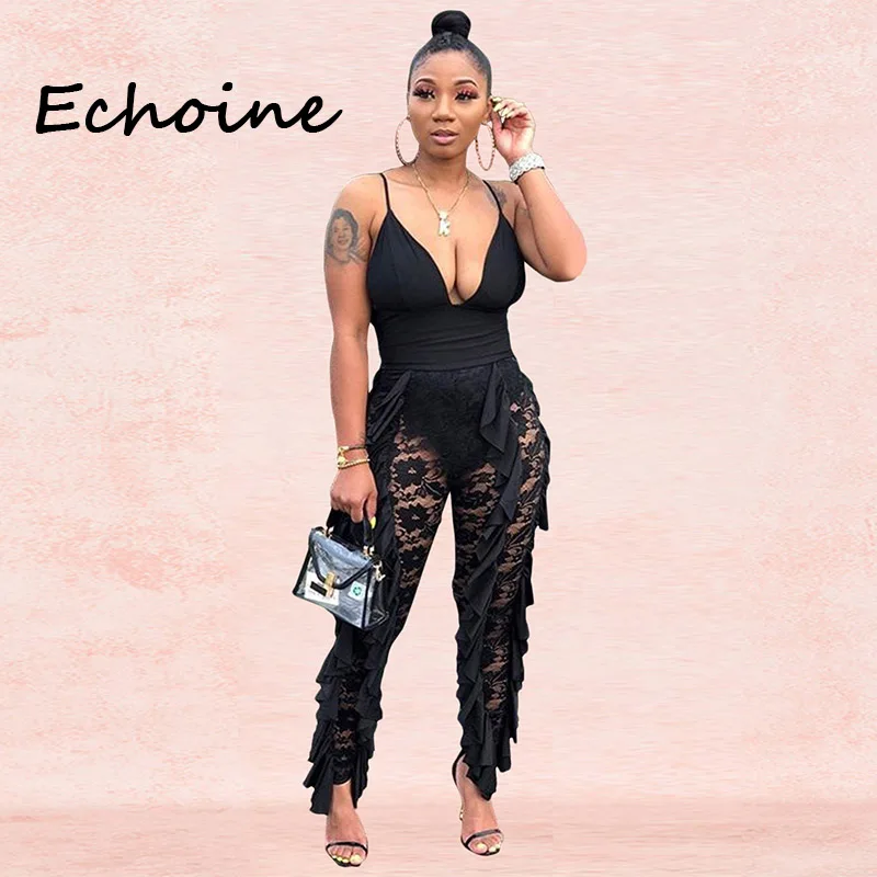 

Echoine Sexy Lace Up Jumpsuit Spaghetti Straps See through Playsuits Open Up Streetwear Club Outfits Rompers Womens Jumpsuit