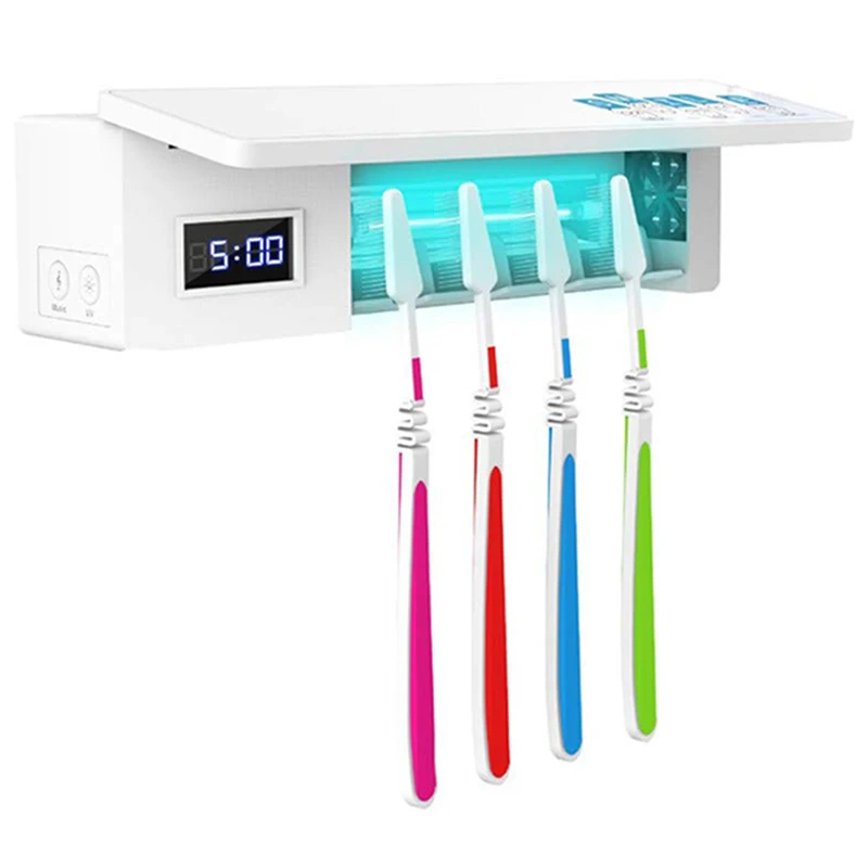

Toothbrush Holder, 4 Toothbrush Sterilizer Holder 5-Minute Timer LED Display Wall Mounted Family Toothbrush Holder Press Button