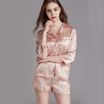 

Lisacmvpnel Spring New Pyjamas Women Ice Silk Love Long Sleeve Shorts Set Outwear Loose Nightwear