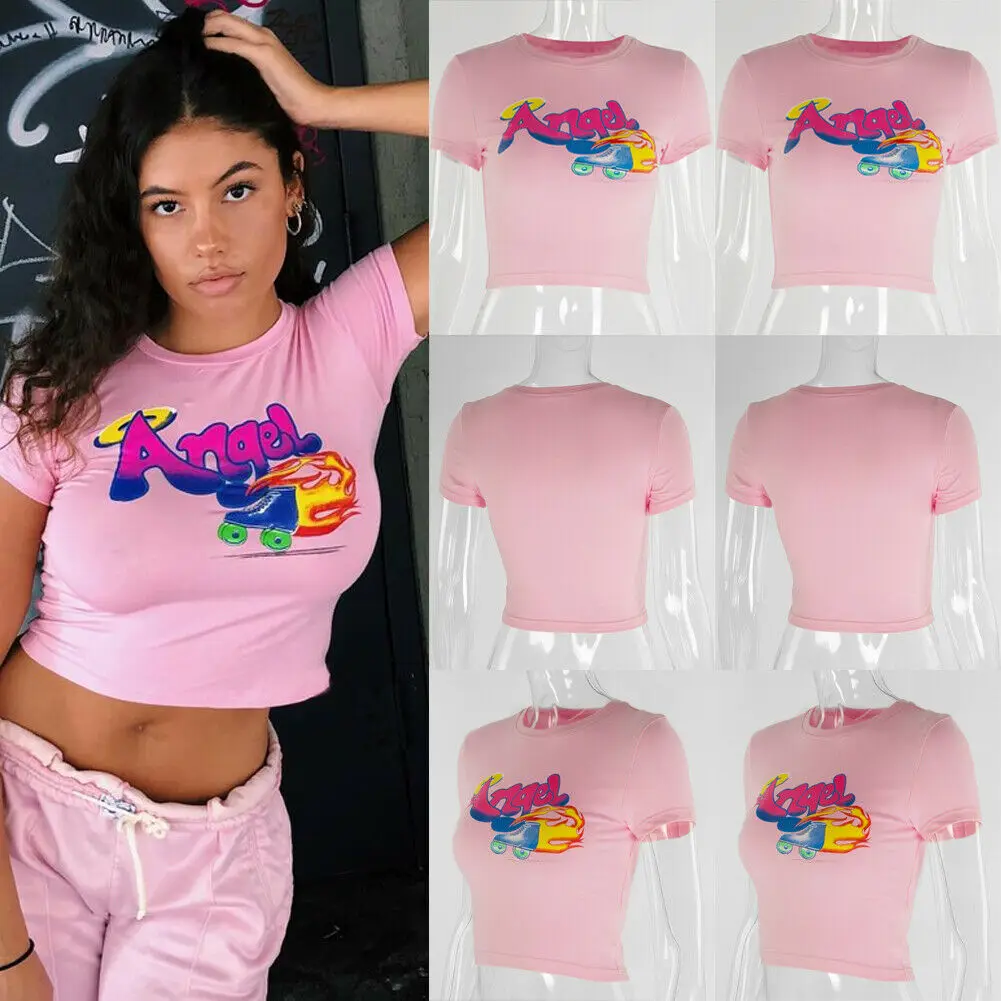 H7b4223e29cbc4b8290f4e40837f925deX - Angel Letter Printed Short Sleeve T-Shirts