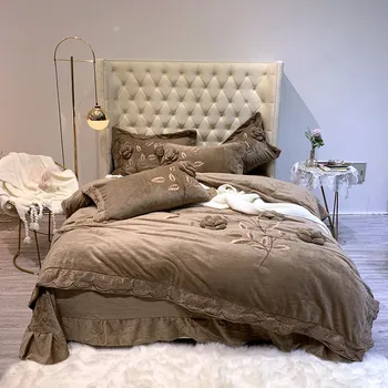 

Purple Gray Blue White Brown Winter Fleece Fabric Flowers Embroidery Bedding Set Flannel Velvet Duvet Cover Bed sheet Pillowcase