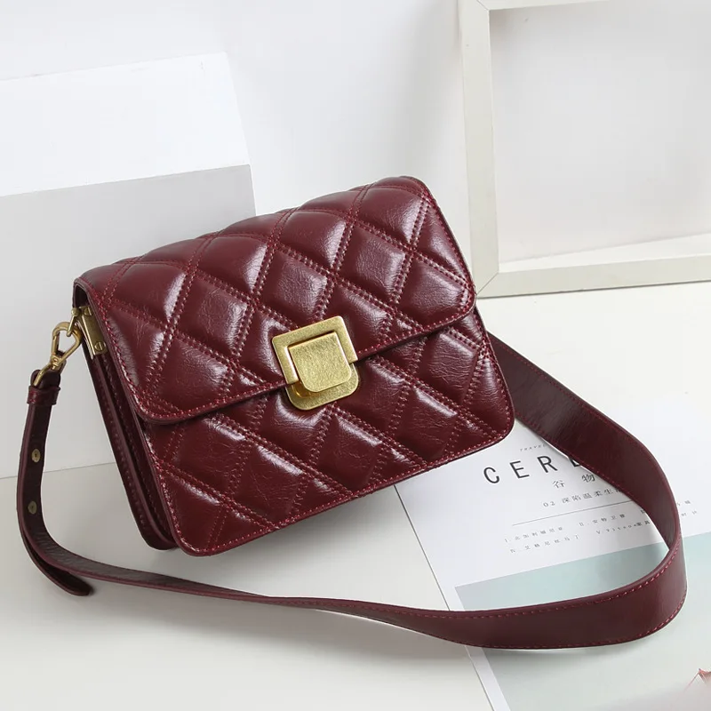 

2019 New Style Korean-style Casual Fashion Quilted Online Celebrity Cowhide Shoulder Bag Genuine Leather Lock Square Sling Bag